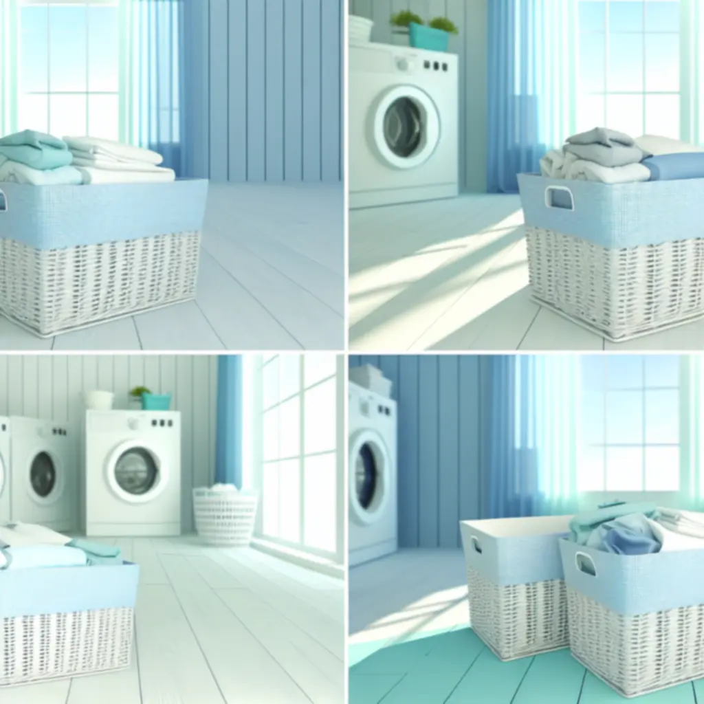 Frissen mosott ruhákkal teli fonott kosarak egy modern mosodában