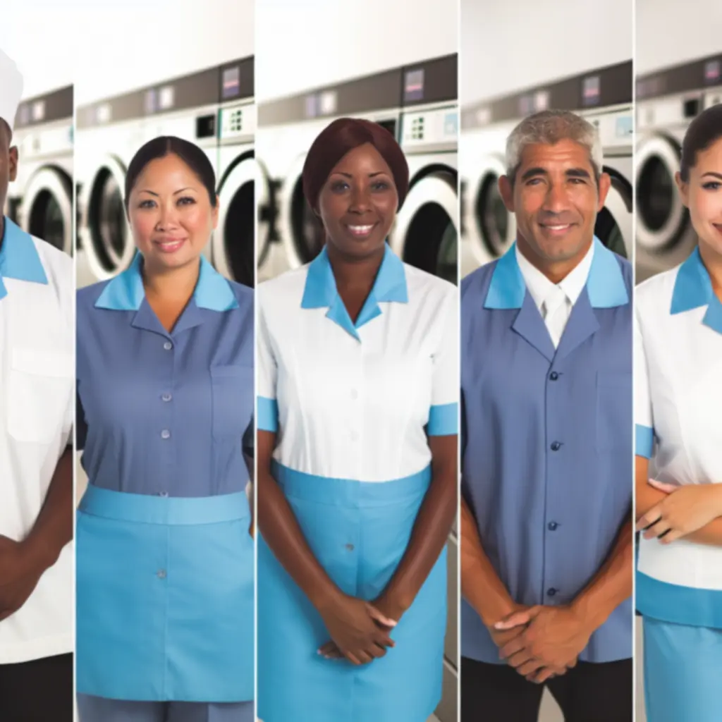 Mosodai csapat mosolygós munkatársai egységes munkaruhában