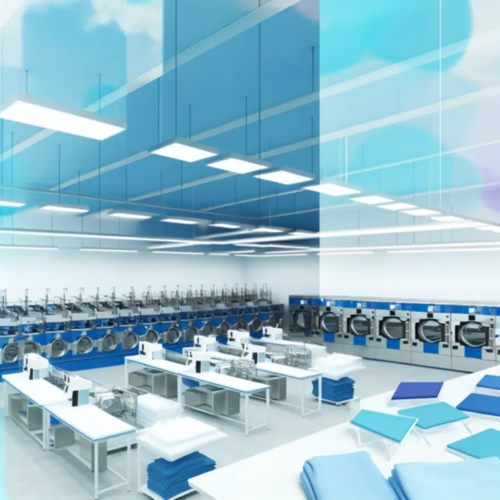 Tiszta, modern mosoda világos belső térrel és rendezett gépsorokkal